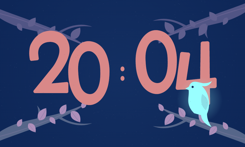 Reloj con números rosas, ramas y un pájaro