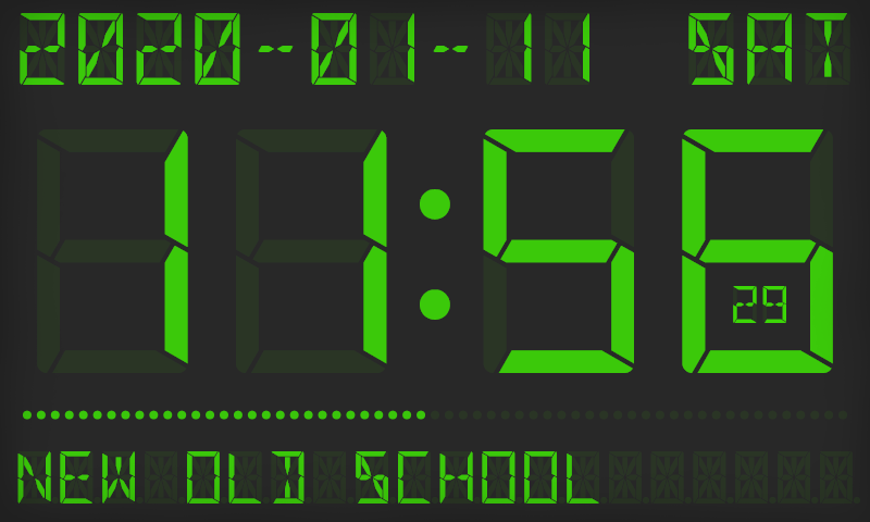 Reloj retro con números LCD verdes sobre fondo oscuro